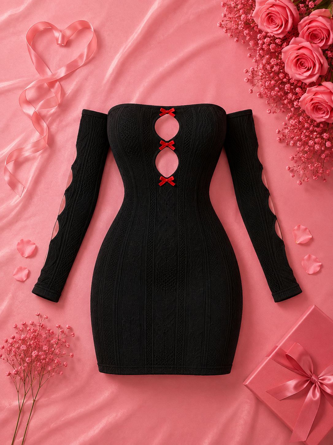 2-Piece Sexy Mesh Nightgown with Hollow Bow,