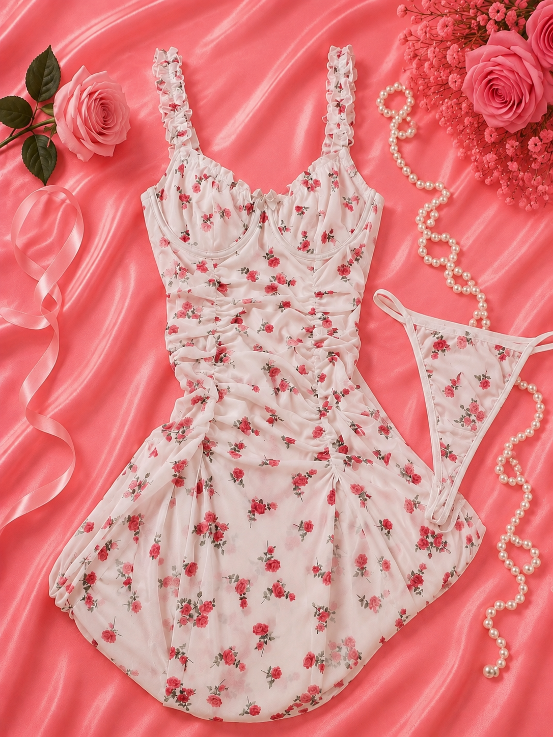 Sexy Rose Floral Print Double Slit Long Dress With Thong