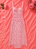 Sexy Rose Floral Print Double Slit Long Dress With Thong