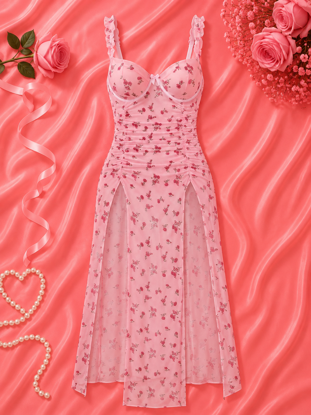 Sexy Rose Floral Print Double Slit Long Dress With Thong