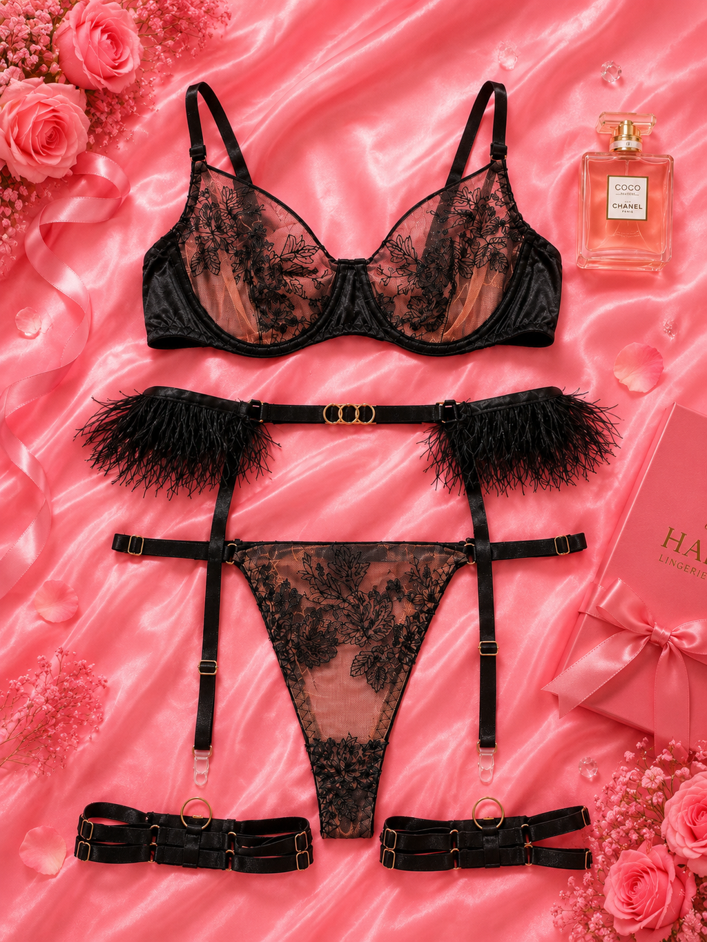 Sexy Transparent Mesh Ladies Underwear Set Hot Sale Embroidered Lingerie