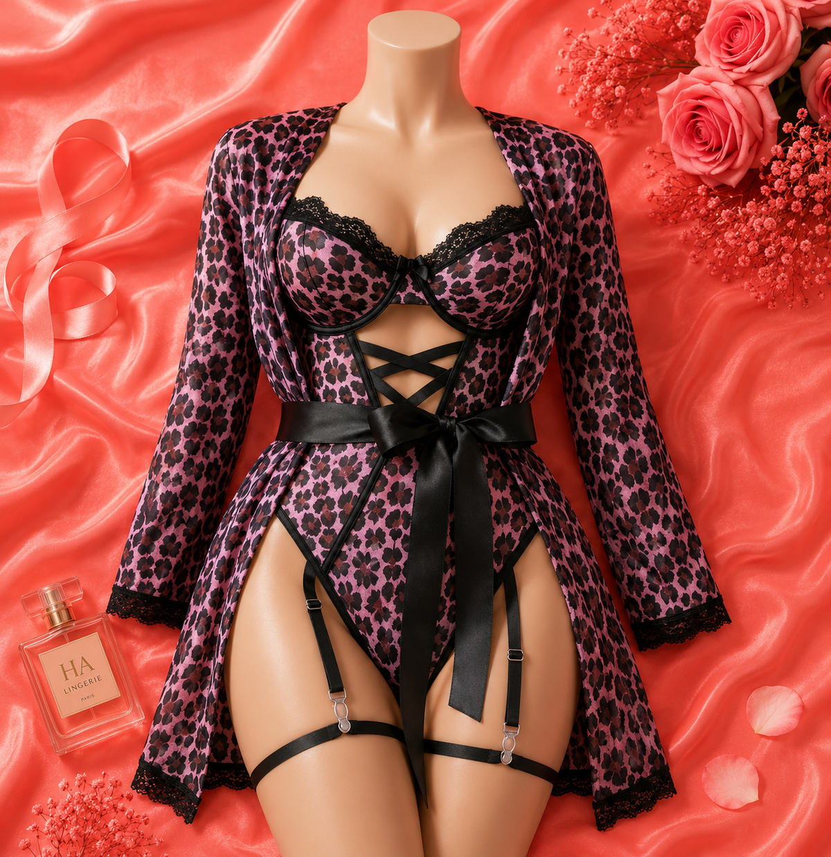 Leopard Print Lingerie Set with Robe Bodysuit Garter