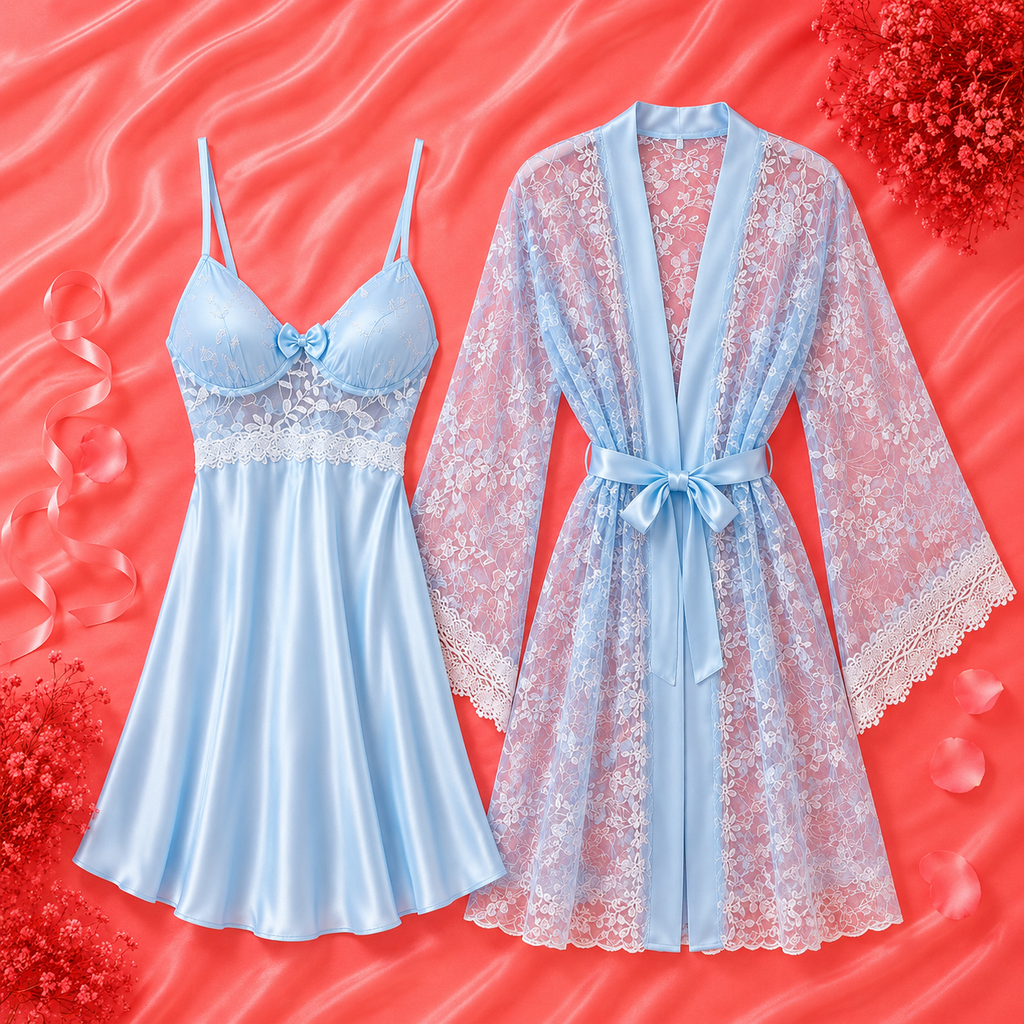 Moireta French Elegant Sexy Lace Hollow Out Camisole Dress & Robe 2 Pieces Pajama Set For Women