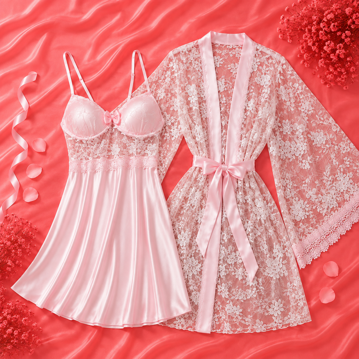 Moireta French Elegant Sexy Lace Hollow Out Camisole Dress & Robe 2 Pieces Pajama Set For Women