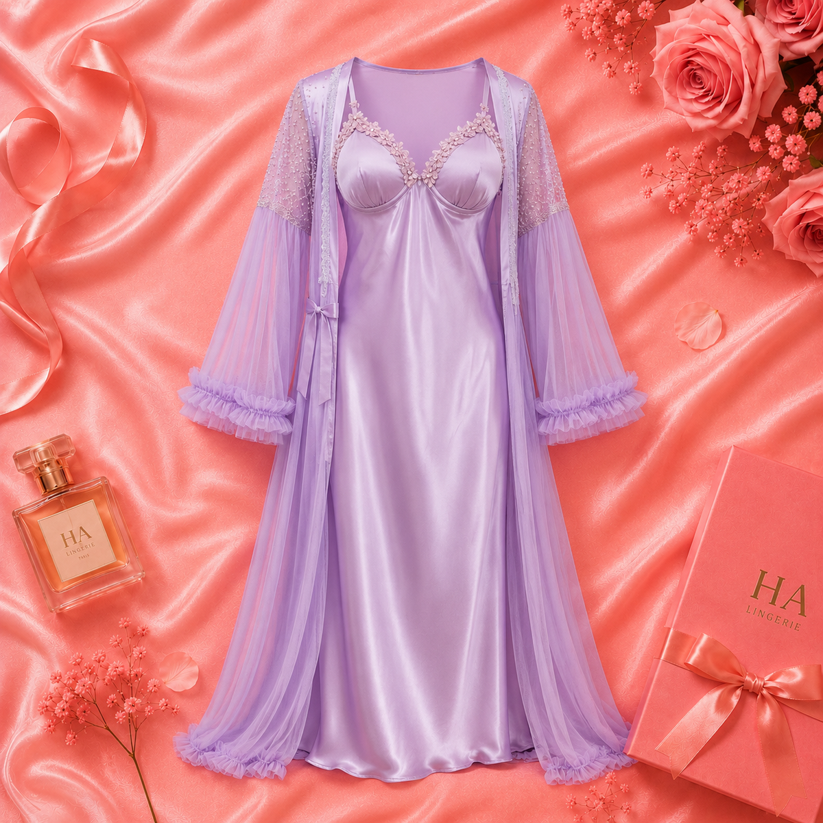 Luxurious 2-piece set: satin nightgown + sheer kimono