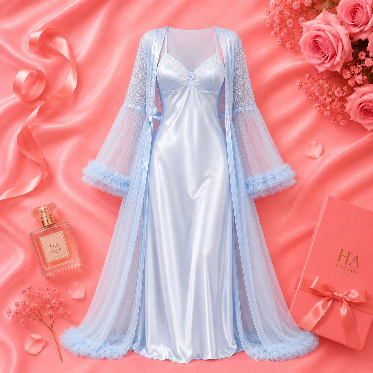 Luxurious 2-piece set: satin nightgown + sheer kimono