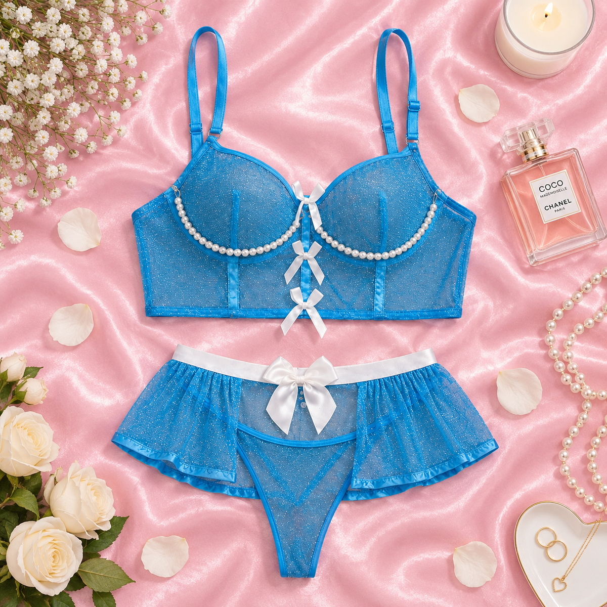 Light Blue New Women's Underwear Set Pearl Underwear Mesh Tie Lei Ribbon