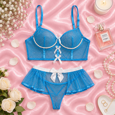 Light Blue New Women's Underwear Set Pearl Underwear Mesh Tie Lei Ribbon