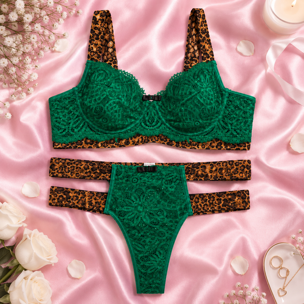 Leopard Lace Lingerie Set with Push Up Bra and Cut Out Panties