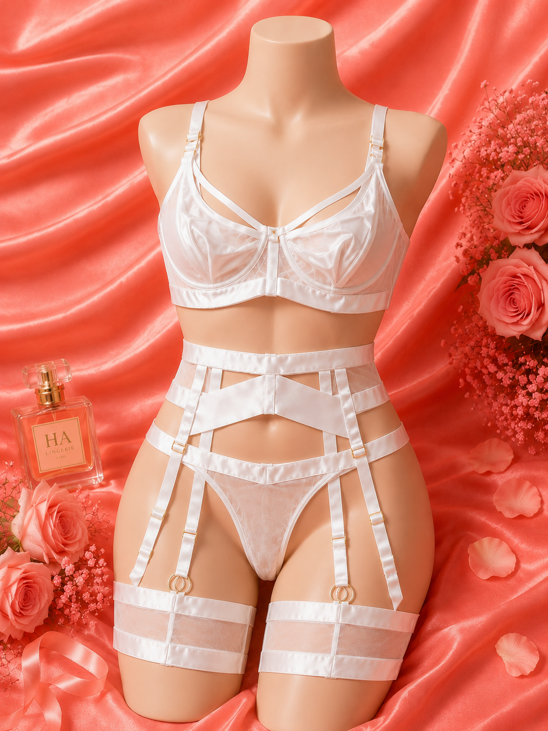 Garter Lingerie for Women,Sexy Lace Lingerie,Sheer Matching 4 Piece Lingerie Set