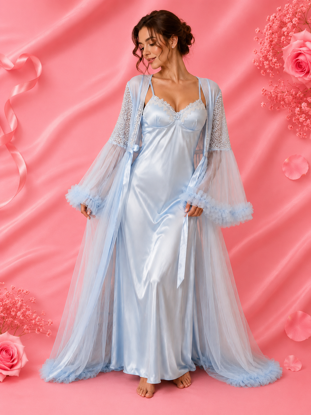 Luxurious 2-piece set: satin nightgown + sheer kimono